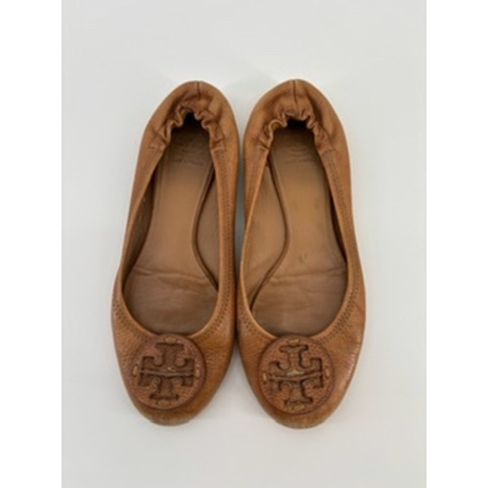 Tory Burch Reva Ballet Flats Tan Leather Logo Medallion Scrunch Shoes Womens 8